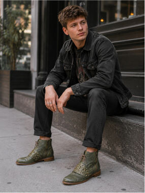 Steve Madden Boots Men’s 10 Studded Italy Moto Indie Sleaze Olive Green Leather